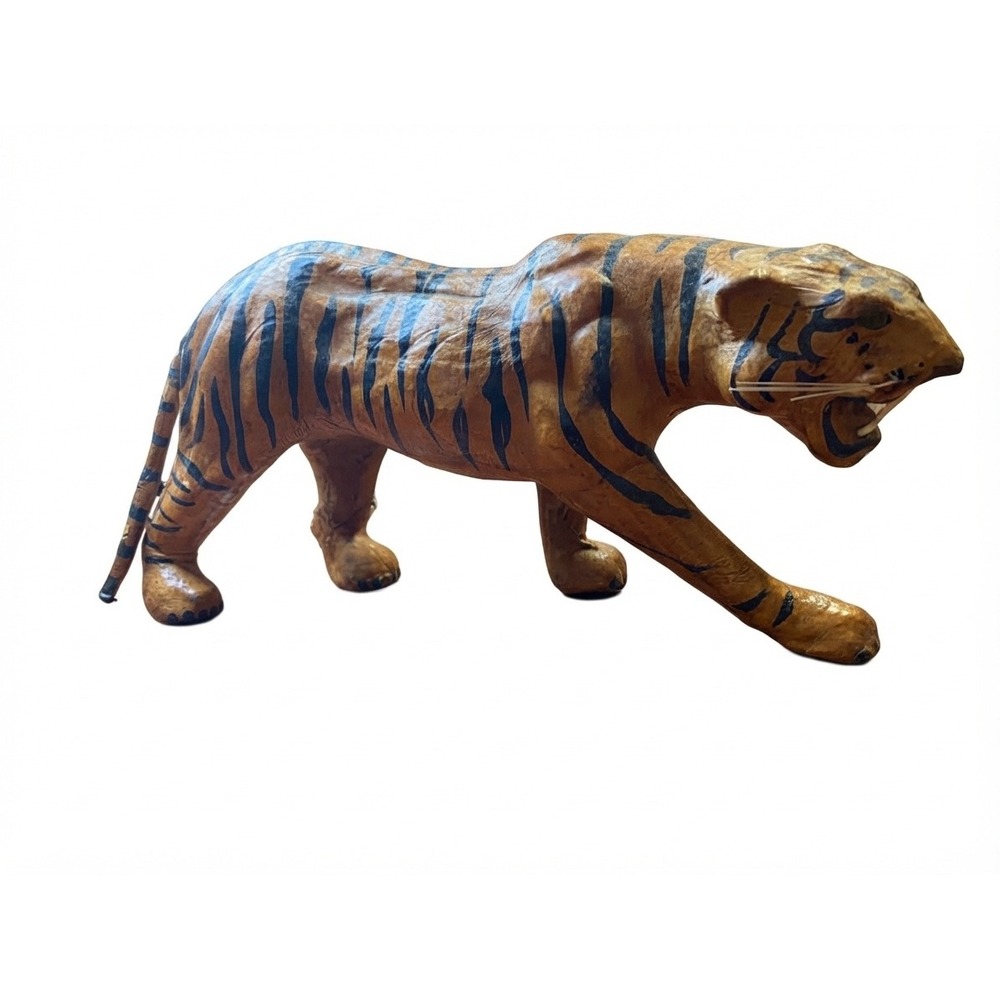 Vintage Leather Wrapped Tiger Figurine Statue Animal Decor Large 12"